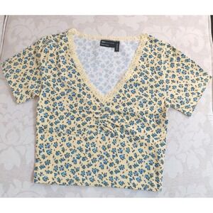 NEW! ASOS Design Women's V-Neck Cropped Top Yellow Ditsy Floral Print Size 2